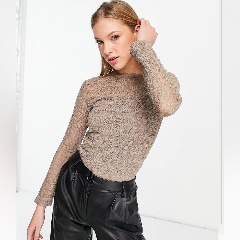 ASOS Square Neck Long Sleeve Lace Top in Mushroom brown beige